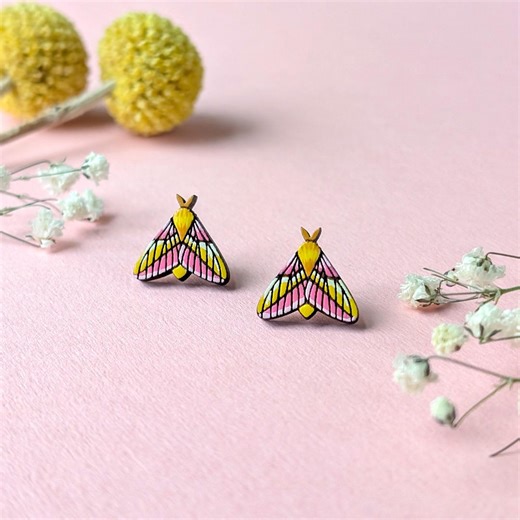 Rosy Maple Moth Hand-painted Wood Stud Earrings - Etsy