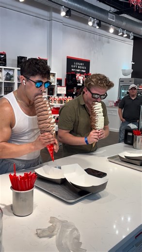 16M views · 6.4K reactions | Our Giant Cone Challenge is here to test your sweet tooth!  Two waffle cones coated in pure chocolate with 5lbs of HCF’s world-famous twist soft serve. Think YOU can handle this cone? Click the link in our bio to make your reservation asap! #giantcone #giantconechallenge #tampaeats #giantdesserts #dessertchallenge #giantfood #tampadesserts #dessertlover | Hampton Chocolate Factory | Facebook