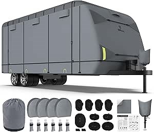 RVMasking Travel Trailer RV Cover 34-37ft, 7 Layers Extra-Thick Camper Cover Waterproof Windproof for Toy Hauler with 4 Tire Covers & Tongue Jack Cover, Durable Trailer Cover for RVs, Medium Gray