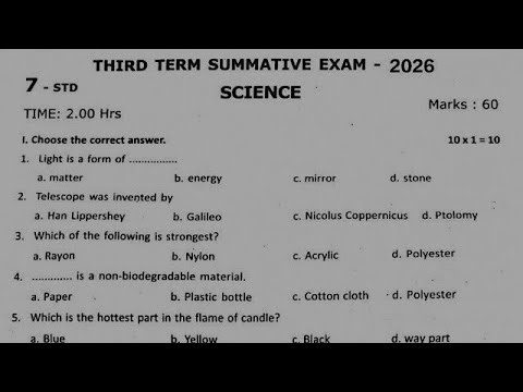 7th std Science Term 3 Annual Exam Question paper 2026 | English Medium | Important Questions