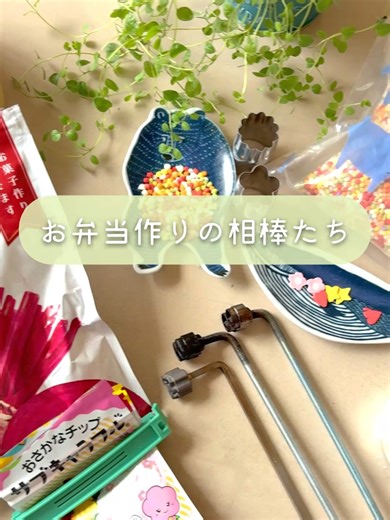 \\お弁当作りの相棒たち🤝/ 今日は私が普段お弁当作りに使用していて 持っているとちょっと楽しくなったり、 便利だなぁと思うものたちを紹介します◡( ๑❛ᴗ❛ )◡ ①あられ なくなったら絶対買います！ ちょっと彩をプラスするのにぴったりです⋆* ②おさかなチップ 動画で紹介した柄の他にもポムポムプリンや冬だったらサンタなど 色々な種類があります👀 ダイソーでよく買ってます！ ③透明カップ 私はセリアで買っていますが、ダイソーにもあるようです ④焼印 いつも鳥を飛ばしたり、表情をつけたりしています👀 ちょっとお店みたいな感じになる気がします笑 目の焼印は自分たちで作ったオリジナルグッズです もし再販希望あればコメントで教えてください(๑‵ᴗ′๑) ⑤型抜き 私が使っているのはどこで買ったか忘れてしまったのですが 梅や菊などのベーシックでよく使うものは金属製のものがいいかなと思います！ 金属製のものお方が切れ味？がいいので形が綺麗に出ます！ あまり使わないやつものとか、お試しで使いたい時とかは 100均のプラスチックとかのやつも色々あるのでおすすめです⋆* ⑥笹 笹は仕切るのに使い