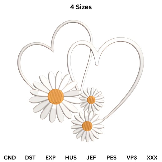 Daisy Flower Heart Embroidery Design | Double Heart Outline | Cute Love Embroidery Pattern File, Instant Download. - Etsy