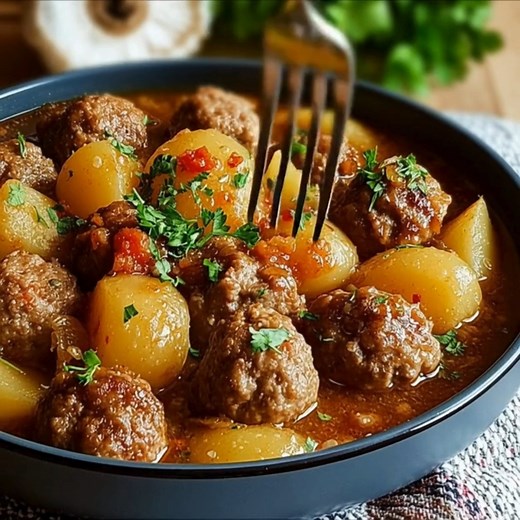 Ragoût de Pommes de Terre aux Boulettes de Viande Hachée Ingrédients: 1. 1 oignon, haché finement 2. 2 gousses d’ail, hachées 3. 1 cuillère à café de cumin 4. 1 poivron rouge, coupé en dés 5. 500 g de viande hachée de bœuf 6. 800 g de pommes de terre, coupées en dés 7. 400 g de tomates concassées 8. 1 cuillère à soupe de concentré de tomate 9. 1 cuillère à café de paprika 10. 2 cuillères à soupe d’huile d’olive 11. 500 ml de bouillon de légumes ou de bœuf 12. Sel et poivre, au goût 13. Persil fr