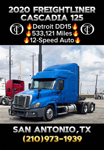 Semi truck available for purchase! 2020 Freightliner Cascadia 125 specs and information below👇 Location: Fort Worth, TX Stock number: HS3939 Call: (817)662-7001 Engine: Detroit DD15 Miles: 533,121 Transmission: 12-speed auto Chassis/Exterior/Features: - DOT Verified - Power steering - Tilt/telescope - Heated mirrors - Power locks, mirrors, and windows - Sliding 5th wheel - Air ride suspension - 6x4 drivetrain - Tandem axels - Class 8 GVW - Wheelbase: 220 inches wheelbase - Aluminum wheels - Tir