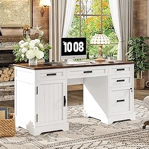 Alohappy 55'' Farmhouse Executive Desk with File Cabinet, Home Office Wood Computer Desk with Drawers and Power Outlets, White