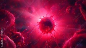 A dramatic 3D visualization of a virus, glowing ominously among floating cells, captures the intensity of an infectious outbreak. Cell mutation. Microbial penetration. Fungal reproduction