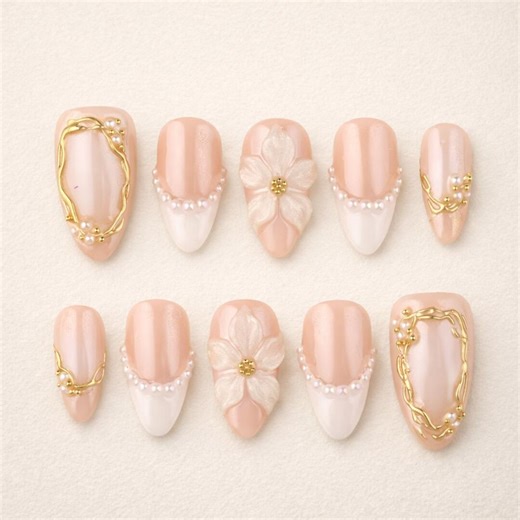 Spring Pearl Bloom Press on Nails: 3D Floral & Gold Frame Nail Set - Etsy