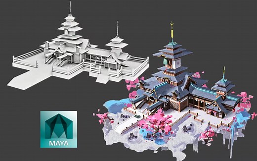 【Maya场景建模】古风寺庙模型制作，超细maya建模思路讲解，适合零基础小白的教学案例
