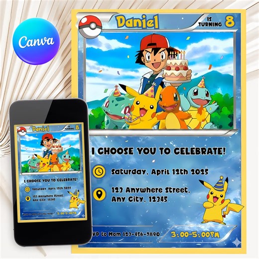 Editable Pokemon Birthday Invitation Template, Printable Pikachu Party Invite, Kids Boys Girl Birthday (canva) - Etsy