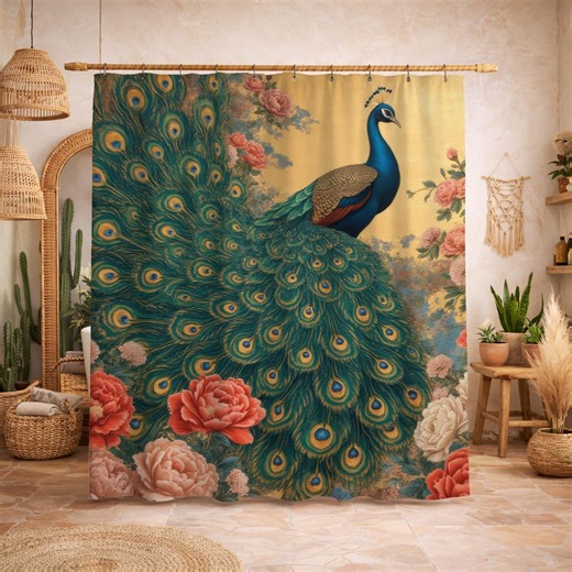 Teal Shower Curtain Chinoiserie Painting Peacock Bird Floral Gold Pink Maximalist Grandmillennial Decor - Etsy