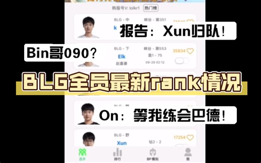 【9.25BLG全员rank情况】bin哥090？on：等我练会巴德！Xun子调整好了可以回来了