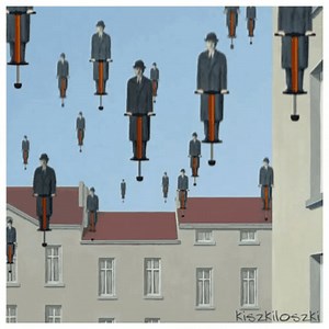 Da série: Arte e Ciência. Mecânica. Energia Mecânica. Energia Potencial Gravitacional e Elástica. Energia Cinética. Lançamento Vertical. Queda Livre. Arte: Golconda (René Magritte, 1953) Animação de @kiszkiloszki #kiszkiloszki #golconda #painting #surrealisme #magritte #energia #energiamecancia #energiapotencial #energiapotencialgravitacional #energiapotencialelastica #energiacinetica #quedalivre #lançamentovertical | GIFs de Física