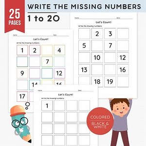 Write the Missing Numbers Worksheets - 25 Page Math Practice - Numbers 1 to 20