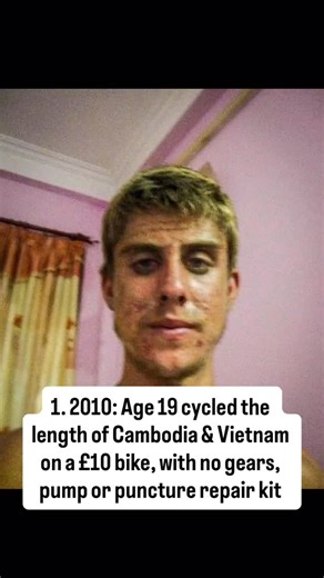 Ash Dykes on Instagram: "List of adventures below: 2010: Cycled the length of Cambodia and Vietnam on £10 bikes. No gear, pump or puncture repair kit. 2. 2010: Crossed illegally into Myanmar and was taken in by an indigenous community and taught how to survive in the jungle. 3. 2010: Hitch hiked across Northern Australia after breaking down in the outbacks….. 7 days Darwin to Cairns (took 13 hours before seeing the first car 😳). This was after working as a fruit picker 🥭 4. 2011: Cycled across