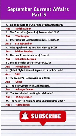 September 2025 Current Affairs | September Monthly Current Affair 2025 | September Current Affairs |