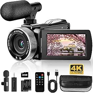 4K Video Camera Camcorder 60FPS 48MP Vlogging Camera YouTube, Kids Video Camera, 18X Zoom 3 Inch Screen Camera Recorder w/ Wireless Lavalier Microphone, Remote Control, 2 Batteries, 64GB Card