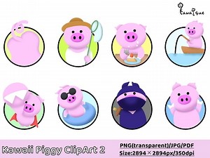 Kawaii Piggy Clipart 2 – 8 Cute Pig Illustrations for Stickers & Merch | PNG JPG PDF - Etsy