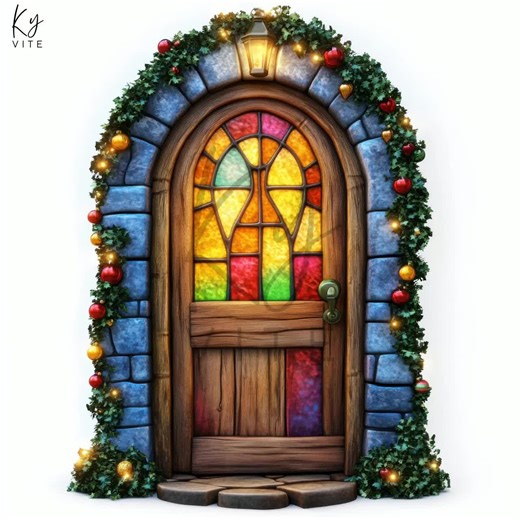 Christmas Door Watercolor Clipart: Festive Glass Painting (Digital Download)