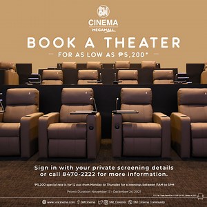 Book your own DIRECTOR’S CLUB NOW for as low as P5,200 only at SM Cinema Megamall! Experience comfort and luxury with your plush leather recliner seats, unparalleled sound with Dolby Atmos and laser projection system. Sign-up here 👉🏻 https://forms.office.com/r/MEgnpGBEgn Tickets to much anticipated films like Disney’s Encanto, Venom 2, No Time to Die and Resident Evil: Welcome to Racoon City are now available at www.smcinema.com. #SafeAndFunMovieWatching | SM MEGAMALL