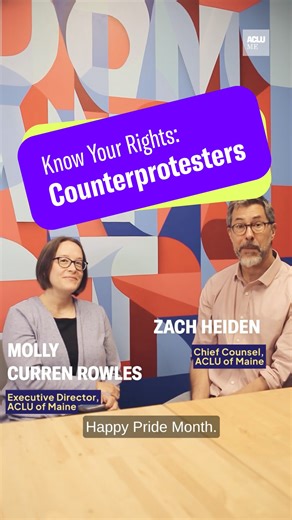 Pride is still a protest, and the First Amendment protects your right to make your voice heard. Those same rights allow others to counterprotest. Learn more about what that means and the rights of protesters and counterprotesters from Molly and Zach. Stay tuned for the last video in this series about privacy at protests. Scroll back in our feed to see more about the importance of protest, traditional public forums, and free speech rights at protests. | ACLU of Maine | Facebook
