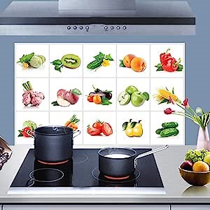 BIBITIME Green Vegetables Kitchen Oil Proof Wall Stickers Cherry Tomatoes Cucumber Onion Backsplash Tile Decor Decals(17.72 inches x 27.56 inches, Vegetables Fruits)