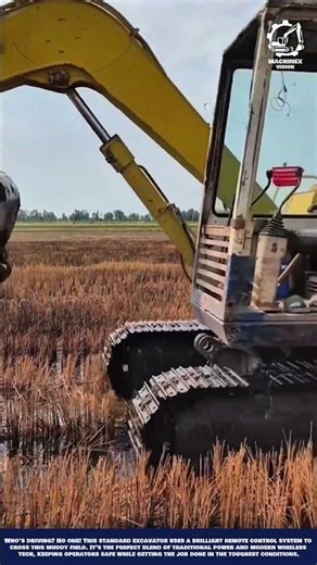 Excavator Moving Without Operator Across Muddy Field