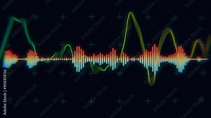 A colorful looping digital sound wave visualization featuring a dynamic waveform against a dark background. Stock Video