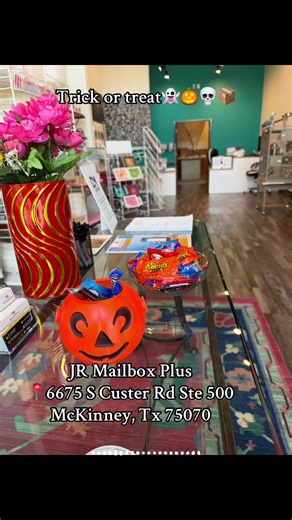 Trick or Treat! Stop by JR Mailbox Plus — where every visit is a treat, not a trick!”👻🎃📦✉️📫🖼️ @jrmailboxplus , we’re dedicated to providing exceptional service and care — because your happiness is our happiness.😊📦✉️🪔🖼️ 📍6675 S Custer Rd Ste 500 McKinney Tx, 75070 www.jrmailboxplus.com 📞972-810-7447 #Shippingstore #packwithcare #smallbusiness #MckinneyTexas #happyhalloween