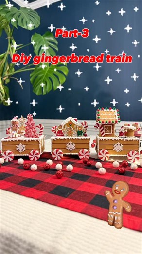 The cutest diy gingerbread train is finally done and I love it❤️ Peppermint tree and gingerbread baby on cupcake ornaments from Walmart Peppermint wheels and candy are made using plastic caps (watch part 1) Candycane and snowflake foam stickers from hobby lobby Gingerbread house and gingerbread family are made using airdry clay and paper cutout ( watch previous reel clay ornaments and magnets ) Watch previous reels part-1 and 2 and read the caption for details #Diychristmasdecor #gingerbreadtrai