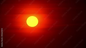 Bloody Sun covered by black clouds. Apocalyptic Armageddon and prediction of the End of the World concept. End of time and life on earth. Heat wave at summer atmosphere and view of big round sun disk.