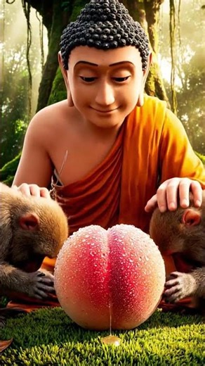 Three Red Faced Monkeys Offer a Magic Peach to the Buddha #buddha #buddhism #shorts #monkey