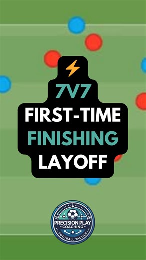 Precision Play Coaching on Instagram: "⚡ 7v7 First-Time Finishing Layoff | Combination & Finishing Game Work on sharp combination play and first-time finishing in a competitive 7v7 format! 🎯⚽ Setup: Pitch with 3 mini goals at each end. Small no-entry channels marked outside the mini goals. 2 teams of 7 players. 1 “end player” positioned in each channel. How It Works: Play begins with one team in possession, building up through passing and movement. To score, the attacking team must: Pass the ba