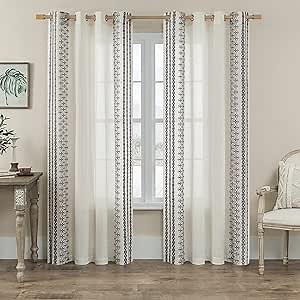 Grey Boho Curtains 108 Inches Long 2 Panels Grommet Natural Linen Textured Bohemian Curtains for Living Room Semi Sheer Neutral Embroidered Window Drapes for Bedroom Rustic Farmhouse Decor, 52x108