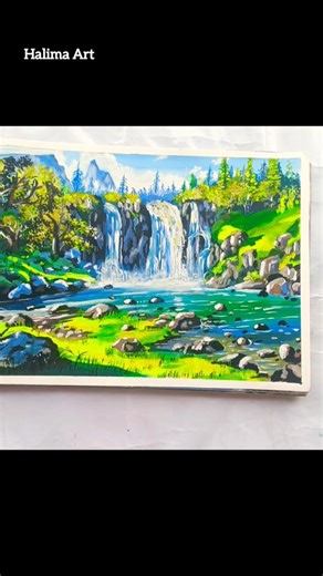 Acrylic Waterfall Landscape Painting ll Halima Art #acrylicscenery #landscape #waterfall #halimaart