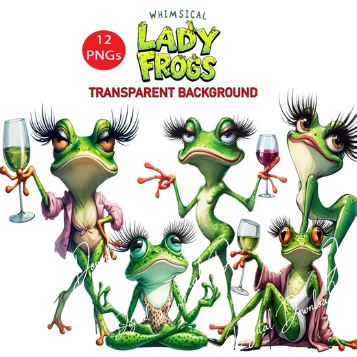 12 Whimsical Lady Frogs Clipart Character Pngs, Transparent Background Digital Download Sublimation Print Cards Scrapbook Journal - Etsy