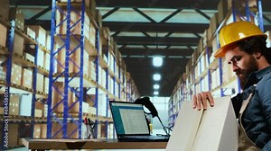Packaging engineer uses barcode scanner to verify each item inside the package is in excellent condition. Customs compliance staff member scans stock tags at import export factory.