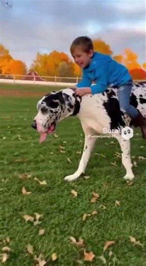 Kid riding a Great Dane