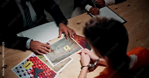 Man, arrest and crime evidence interrogation of suspect with murder weapon, investigation and questions of justice law. People, detective and criminal in interview of homicide gun for fingerprint dna