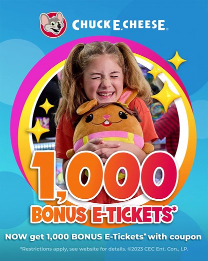 74 reactions · 23 shares | The prize counter just got WAY more exciting. Get 1,000 BONUS E-Tickets* for a limited time.  | Chuck E. Cheese | Facebook