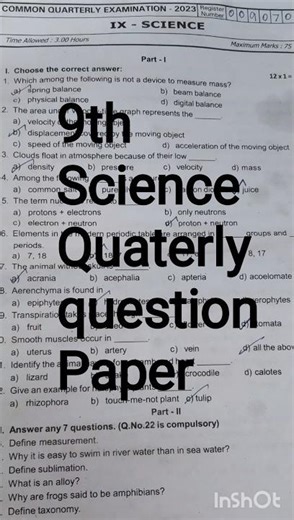 9th Science Quaterly exam question paper 2025