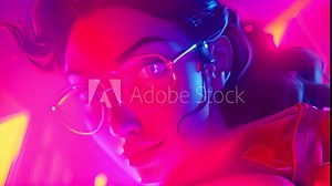 Close-up of a 3D animated female character with glasses, illuminated by vibrant neon lights