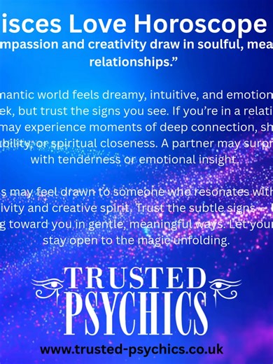Pisces Love Horoscope this week #trustedpsychics @trustedpsychics #horoscope #lovehoroscope #lovereading #zodiac #zodiacsigns #astrology #horoscope #zodiacsigns #personality #Aries #Taurus #Gemini #Cancer #Leo #Virgo #Libra #scorpio #Sagittarius #Capricorn #Aquarius #Pisces #weeklyhoroscope #dailyhoroscope