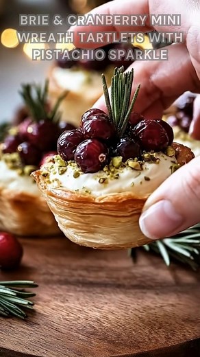 Brie sliced soft. Sprinkle pistachios, rosemary, flaky salt. Bake at 375°F for 10–12 minutes. These tiny wreath tartlets turn melty, festive, and kissed with sweet cranberry sparkle. Ingredients ➤ 1 sheet puff pastry, thawed ➤ 6–7 oz Brie, cut into small cubes ➤ 1/2 cup cranberry sauce (whole berry or homemade) ➤ 1/4 cup chopped pistachios ➤ 1 tsp fresh rosemary, finely chopped ➤ 1 egg, beaten (for egg wash) FULLL Recipe in First Cօʍʍеոτ 👇👇 | Nessy Recipes