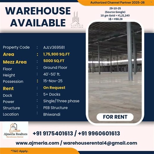 🏢 PEB Warehouse – 1,75,900 sq.ft. Ground Floor for Rent in Bhiwandi!