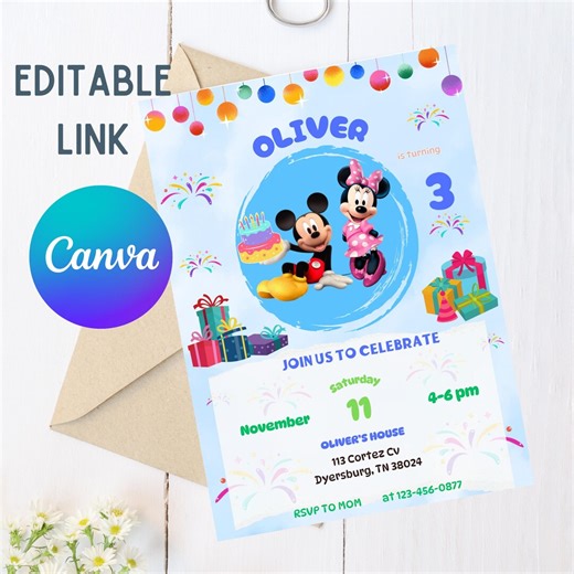 Mickey Mouse Birthday Invitation • Blue Mickey Invite • Digital Editable Canva Template - Etsy