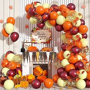 Fall Balloon Arch Kit, Fall Birthday Party Decorations, Orange Burgundy Yellow Gold Confetti Balloons Garland Kit with 6.5 Ft Maple Leaves for Home Thanksgiving Autumn Baby Shower Party Decor Supplies