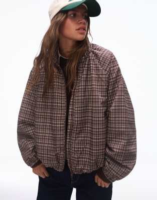 Bershka Oversize zip-up check jacket in brown | ASOS