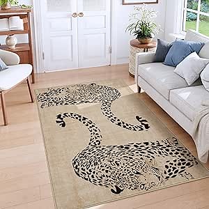 Leopard Print 5x7 Rugs for Living Room Washable Area Rugs for Bedroom | Soft Ultra-Thin Rug Non-Slip Neutral Rug Non-Shedding Indoor Carpet Kids Rugs for Playroom Nursery Girls Boys Dorm Classroom
