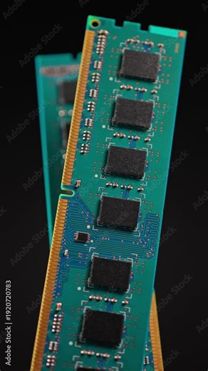 Computer RAM or Random Access Memory, chips on the board, increasing price concept. DDR RAM memory cards are used for AI data centers. Supply chain tightening due AI boom and high demand. Vertical.