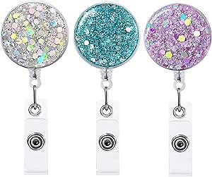 3 Pack Retractable Badge Holder, FadyRaye Lightweight Plastic Badge Reel with Alligator Clip for Nurse Teacher Name Card Keychain [Bling Cute Design 26" Nylon Wire Cord]